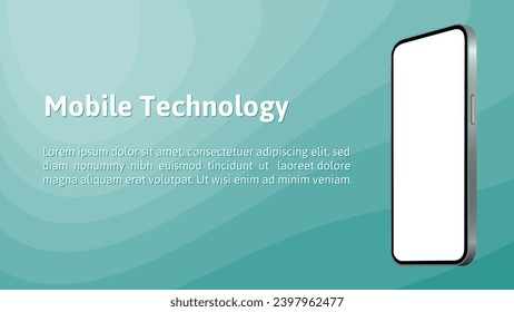 Smartphone mockup on a light aquamarine green abstract background. Wavy pattern and gradient shades, dynamic curve shape. Transparent screen mockup. Phone display. Device front view. Mobile technology
