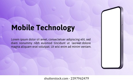 Smartphone mockup on a light purple or violet abstract background with gradient bubbles. Transparent screen mockup. Phone display. Device front view. Mobile technology