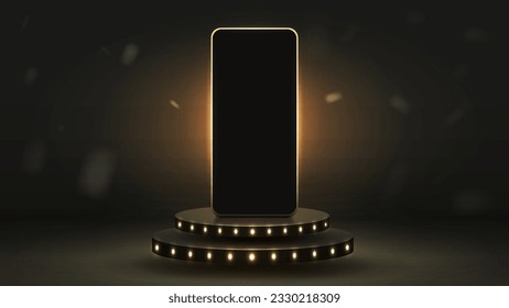 Smartphone mockup on the podium in black and gold. A web banner with a phone on a platform with glowing neon lights.