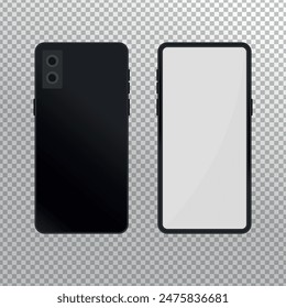 Maqueta de teléfono inteligente sobre fondo transparente. Vista frontal y posterior. Ilustración vectorial