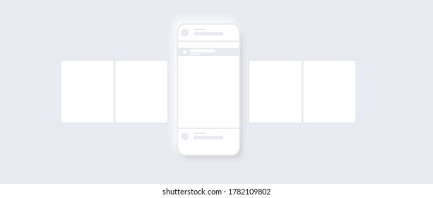 Smartphone mockup on white background neomorphism style. Carousel interface post on social network. Minimal design. Stories frame. Social media mobile app page template. Vector