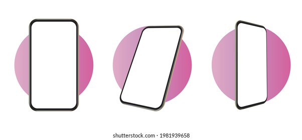 Smartphone mockup perspective set. Phones with blank screen and copy space on display.  Modern gadget with place for app, website advert. UI , UX design. Vector illustration.