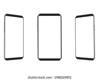 Smartphone mockup perspective set. Phones with blank screen and copy space on display.  Modern gadget with place for app, website advert. UI , UX design. Vector illustration.