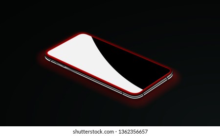 Smartphone mockup perspective view. Black smartphone with red backlight reflection light on the glass. Device mockups perspective view. Vector empty mock up poster frame.