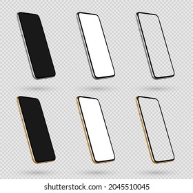 Smartphone mockup. Phone with black, white and transparent screen. Cell phone with different screens. Vector illustration realistic
