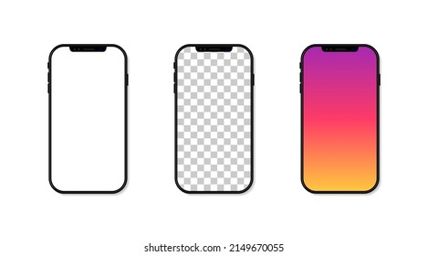 Smartphone mockup. Phone with blank screen isolated on white background. Frame and template of cellphone for social media. Realistic vertical desktop with shadow for ui and app. Vector.