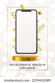Smartphone mockup poster with golden confetti and dais