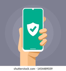 Smartphone mockup with protection shield on the blank screen. Secure antivirus device. Vector colorful technology illustration
