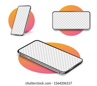 Smartphone mockup. Realistic Cellphone with blank white screen, modern mobile phone in different angles of view. Template for infographics or presentation 3D realistic phones. Mockup generic device.