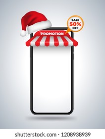 Smartphone mockup with roof shop and Christmas hat for promotion banner Christmas and New year.
