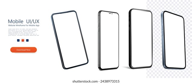 Smartphone mockup in rotated position. Cellphone frame with blank display isolated templates, phone different angles views. Mobile device concept. Vector illustration