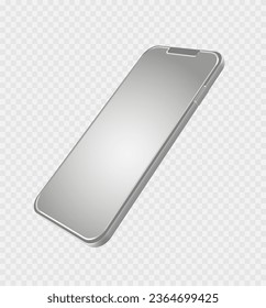 Smartphone mockup in rotated position. Mobile phone in perspective view. Template for presentation 3D realistic device. Vector illustration for banner, flyer, business card on transparent background.