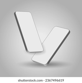 Smartphone mockup in rotated position. Mobile from different angles with blank screen. Template for presentation 3D realistic device. Vector illustration for banner, flyer, business card.