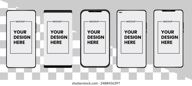 Smartphone mockup in rotated position. Mobile from different angles with blank screen, Smartphone Mock-up for application, game, and web page view.