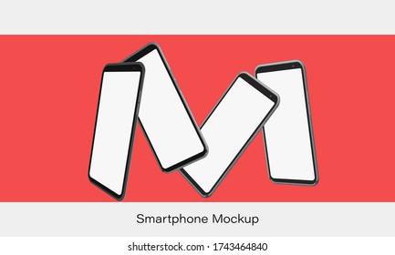 La parodia del Smartphone en posición rotada sobre fondo rojo. Móvil desde diferentes ángulos con pantalla en blanco. Plantilla para presentación de dispositivo 3D realista. Ilustración vectorial.