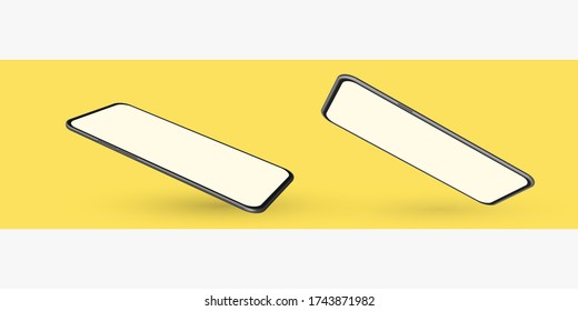 Smartphone mockup in rotated position on yellow background. Mobile from different angles with blank screen. Template for presentation 3D realistic device. Vector illustration for banner, flyer, card.