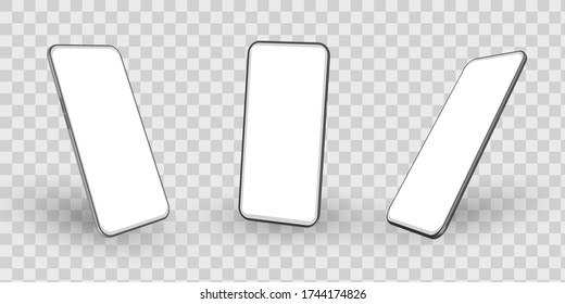 Smartphone mockup in rotated position on transparent background. Mobile from different angles with blank screen. Template for presentation 3D realistic device. Vector illustration for app, ux design