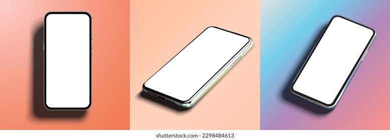 Smartphone mockup in rotated position. Smartphone mockup white screen. Mobile from different angles with blank screen. Vector illustration