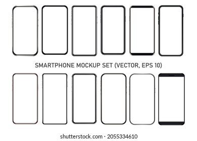 Smartphone mockup set. 12 editable gadgets isolated on white background. Phones with blank screen. EPS 10.
