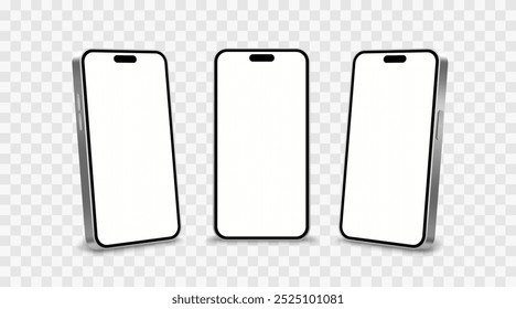 Smartphone mockup, set 3d phone,  transparent background. Vector illustration 