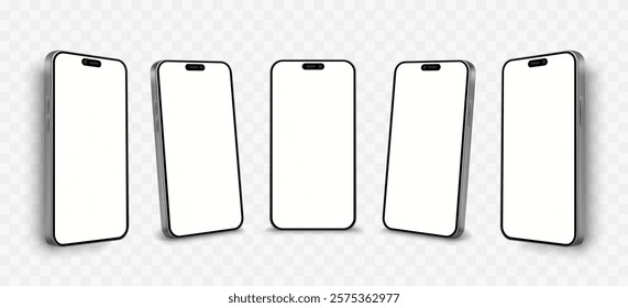 Smartphone mockup, set 3d phone, transparent background. Vector illustration 