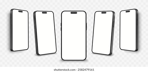 Smartphone mockup, set 3d phone, transparent background. Vector illustration 