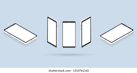 Smartphone mockup set with blank screen. Isolated mobile phone frame, isometric icon and flat template for UI design interface, infographics or presentation