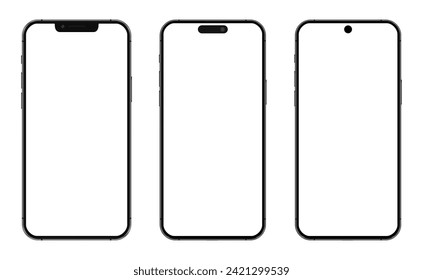 Smartphone mockup set with blank white screen, detailed mobile phone mockups, black models smartphone template front view, model 3D mobile phone, ui, ux, cellphone frame - vector