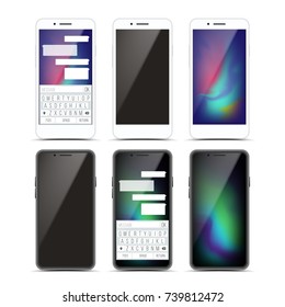 Smartphone Mockup Set Design Vector. Black And White Modern Trendy Mobile Phone Front View. Isolated On White Background. Realistic 3D Illustration