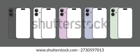 Smartphone Mockup Set with Dual Camera in Black, White, Pink, Blue, Green and Purple, Front and Back View, Minimal Mobile Device Template with Blank Screen Vector Illustration