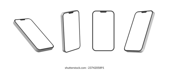 Smartphone mockup set with empty screen. Mobile phone with blank display for presentation. Vector illustration templates isolated on white background.
