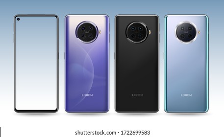 Smartphone mockup set four camera. Vector illustration for technology and easy place application demo on screen.