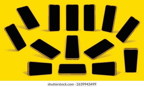 Smartphone Mockup Set – Front, Side, Top, and Perspective Views of Yellow Devices | Mobile Mockup Set for UI Design, App Presentation, and Advertising. Vector.