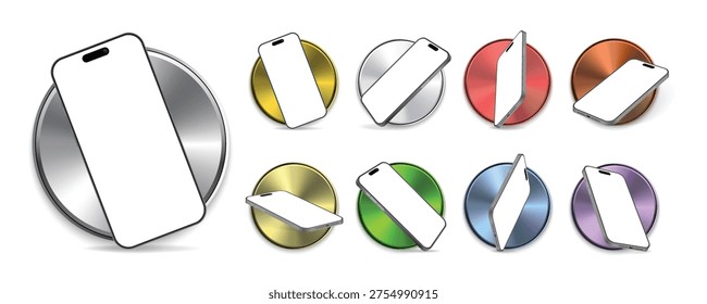 Smartphone Mockup Set with Front and Side Views, Shadow on Metallic Circle Backgrounds. Realistic Mobile Phone Front, Side and Perspective Vector Illustration