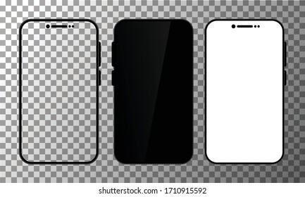 smartphone mockup set. Mobile phone blank, white, transparent screen design. Modern digital device template. Cellphone display front view mock up. Black frame. Isolated vector illustration