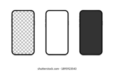 Smartphone mockup set. Realistic mobile phone with blank white, black and background screen. Phone front view. Modern device.