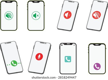 Smartphone mockup set showing eight call UI states: mute, microphone mute, active call with animation, and messenger app icons in green, red, teal, and purple. Great for telecom, app UI, and communication design.
