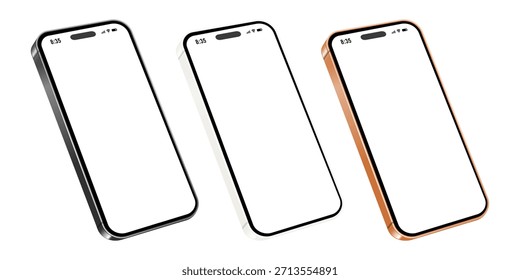 Conjunto de maqueta de teléfono inteligente con tres marcos de color. Pantallas en blanco para el diseño de interfaz de usuario y la presentación del producto.
