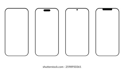 Smartphone mockup set with transparent screen isolated on transparent background, detailed mobile phone mockups, black models smartphone template front view, model 3D mobile phone.	