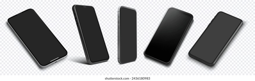 Conjunto de maqueta de teléfono inteligente en varios ángulos aislados sobre fondo transparente. Conjunto de smartphones elegantes que se muestran en múltiples ángulos, ideal para presentar aplicaciones y diseños móviles. Ilustración de vector