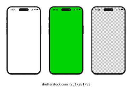 Smartphone mockup set with white empty transparent, white, green touch screen. Detailed mockup smartphone, model mobile