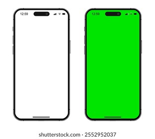 Smartphone mockup set with white empty and green touch screen. Detailed mockup smartphone, model mobile