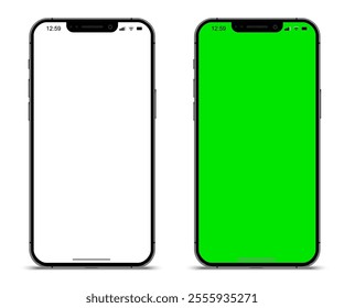 Smartphone mockup set with white empty and green touch screen. Detailed mockup smartphone isolated, 3D model mobile phone with shadow