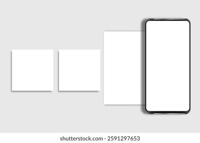 Smartphone mockup with social media post and stories interface mockup. Mobile page template design for user carousel post or stories feed. Vector illustration empty template on social network

