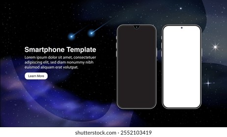 Maqueta de teléfono inteligente con luz estelar y fondo de galaxia del universo cósmico. Diseño de Vector para dispositivos inteligentes y teléfonos móviles.