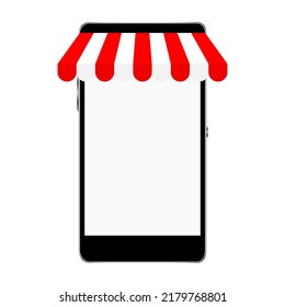 Smartphone mockup with store awning. Shop red stripe roof for market on mobile phone. Vector illustration isolated on white.