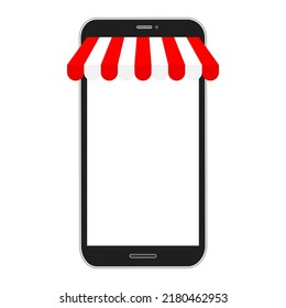 Smartphone mockup with store awning. Shop red stripe roof for market on mobile phone. Vector illustration isolated on white.