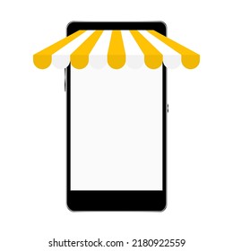 Smartphone mockup with store awning. Shop yellow stripe roof for market on mobile phone. Vector illustration isolated on white.