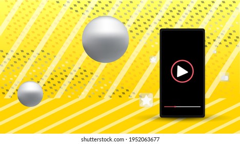 Smartphone mockup template with copy space. Digital Business promotion, cell phone with video play advertising and social media marketing. Abstract yellow and device mockup for presentation template