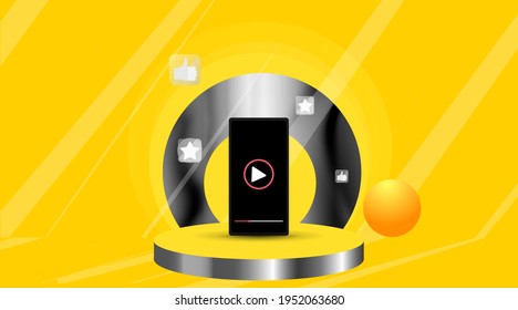 Smartphone mockup template with copy space. Digital Business promotion, cell phone with video play advertising and social media marketing. Abstract yellow and device mockup for presentation template